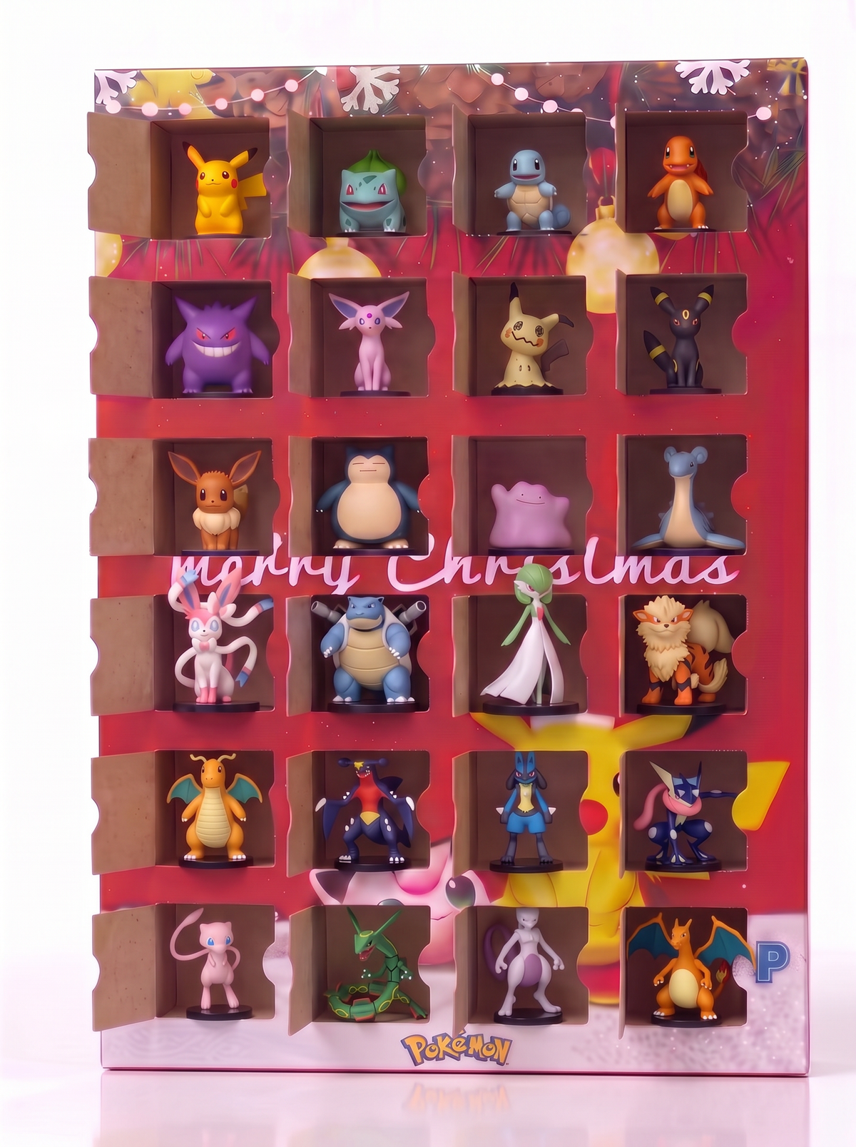 Open Pokémon-style advent calendar showing all 24 collectible figures