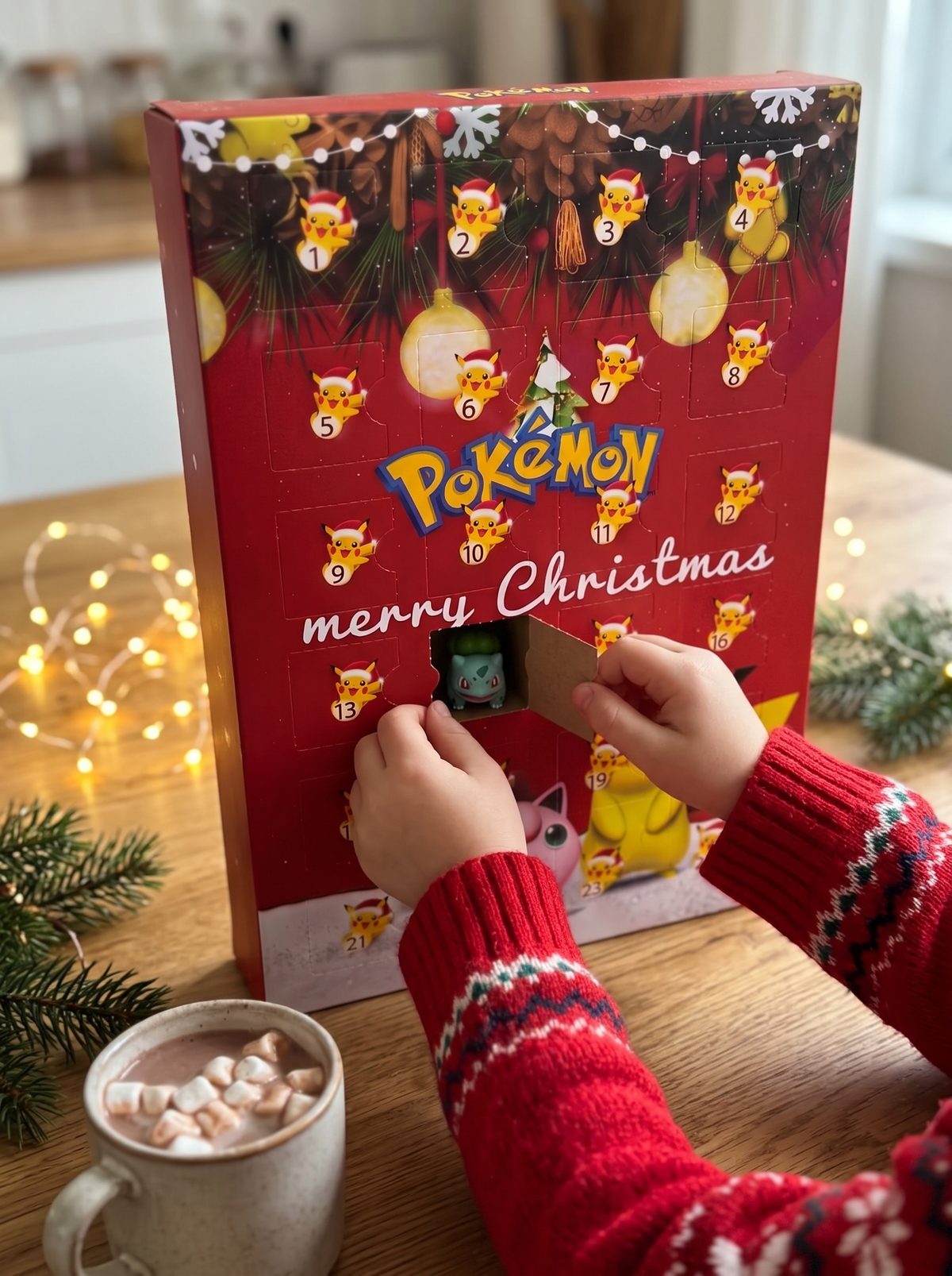 Child opening a door of the advent calendar on Christmas morning